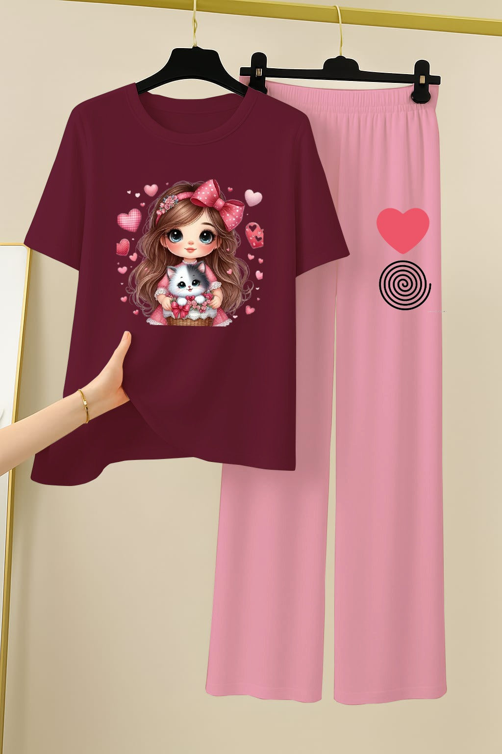 Wine Red & Pink Cartoon Character Loungewear Set