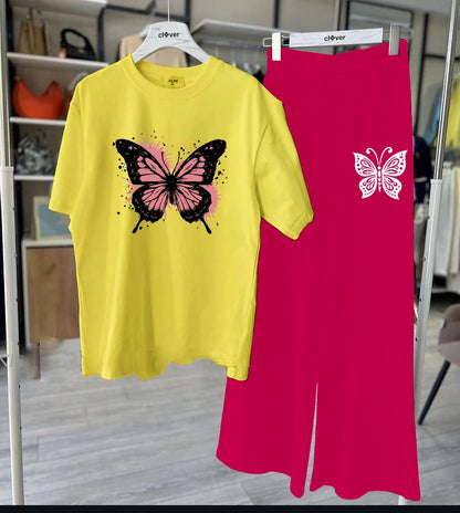 Yellow Butterfly Tee with Pink Lounge Set