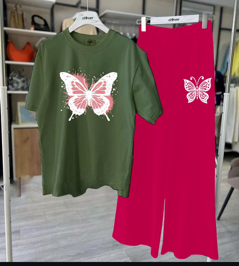 Green Butterfly T-Shirt & Pink Lounge Set
