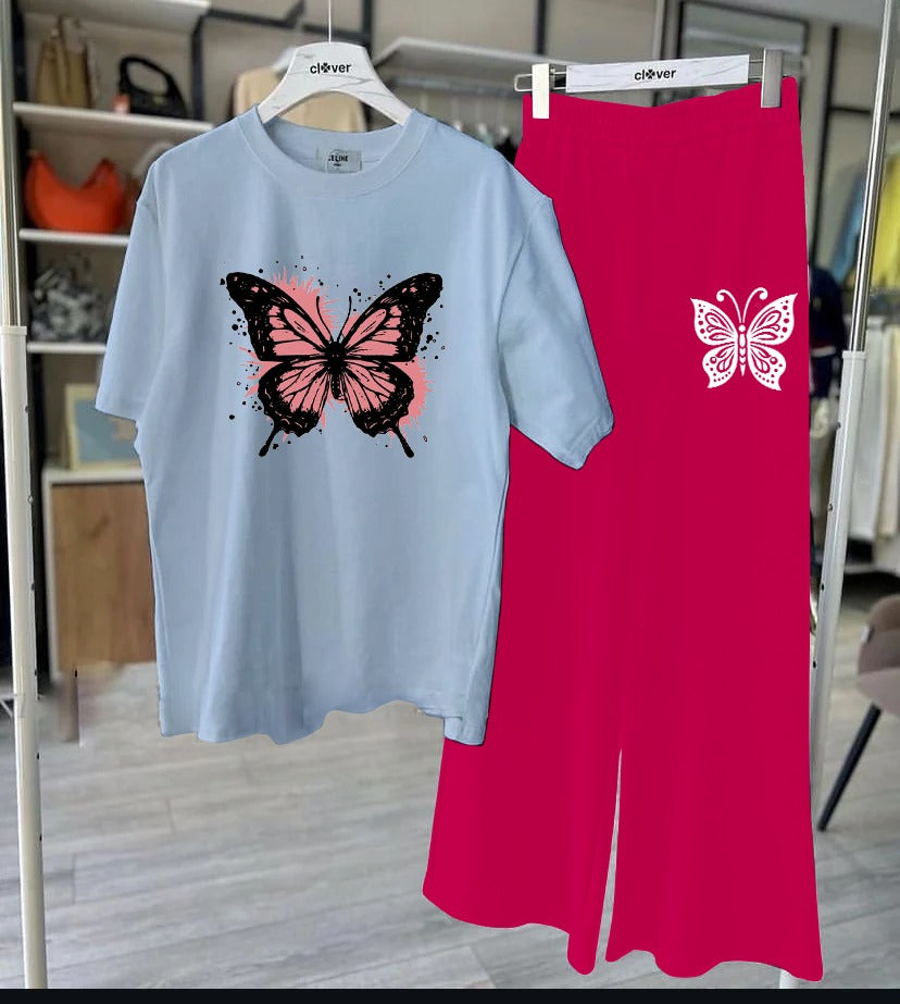 Light Blue Butterfly T-Shirt & Pink Lounge Set