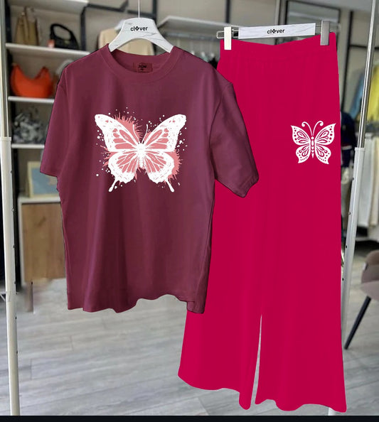Burgundy Butterfly T-Shirt & Pink Lounge Set