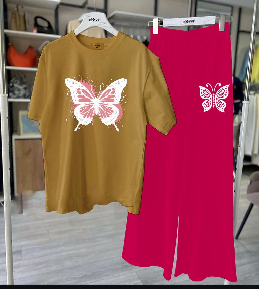Mustard Yellow Butterfly T-Shirt & Pink Lounge Set