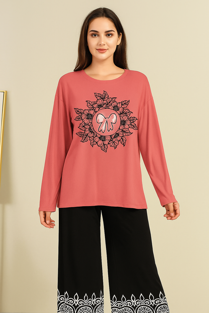 Women's Casual Lounge Set with Mandala/Floral Print & Bow