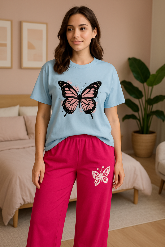 Light Blue Butterfly T-Shirt & Pink Lounge Set