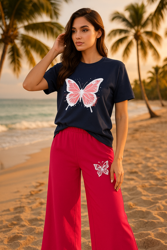 Navy Blue Butterfly T-Shirt & Pink Lounge Set