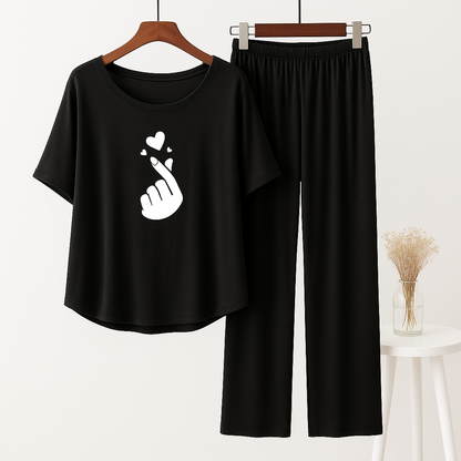 Black Finger Heart Printed Pajama Set - Women's Sleepwear