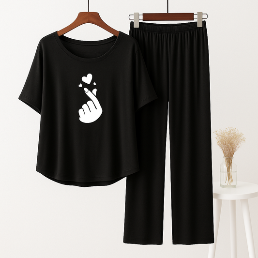 Black Finger Heart Printed Pajama Set - Women's Sleepwear