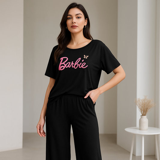 Barbie Black Butterfly Printed Pajama Set - Women's Sleepwear