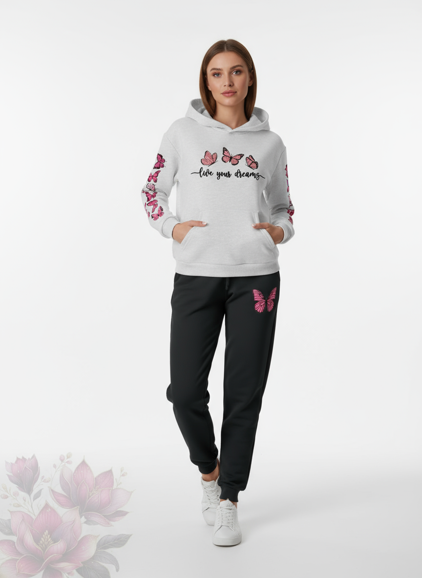 Butterfly Dreams Printed - Light gray Hoodie & Joggers