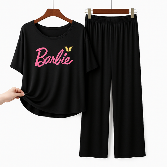 Barbie Black Butterfly Printed Pajama Set - Women's Sleepwear