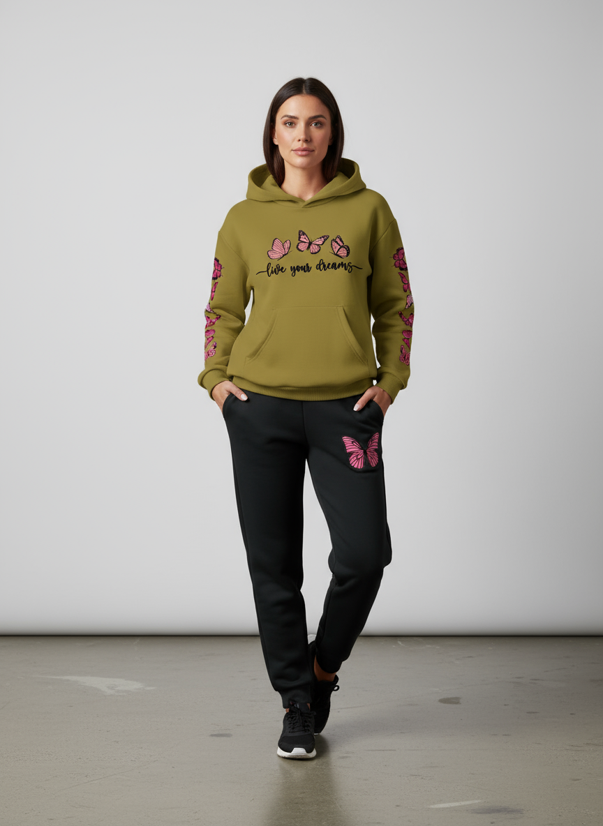Butterfly Dreams Printed - Mustard Green Hoodie & Joggers