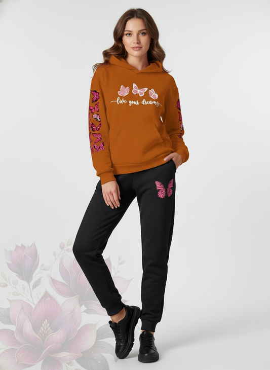 Butterfly Dreams Printed -  Orange Hoodie & Joggers