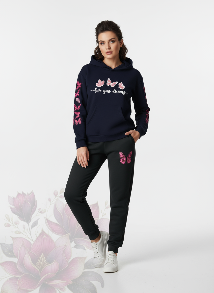 Butterfly Dreams Printed -  Navy Blue Hoodie & Joggers