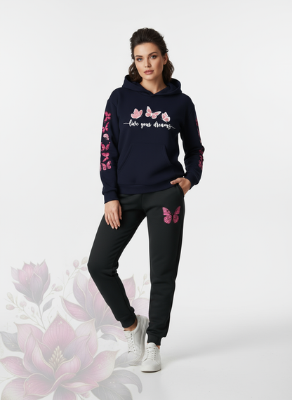 Butterfly Dreams Printed -  Navy Blue Hoodie & Joggers
