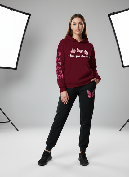Butterfly Dreams Printed - Maroon Hoodie & Joggers