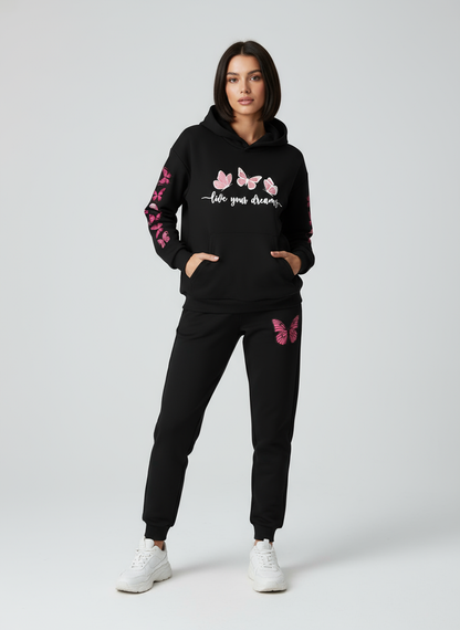 Butterfly Dreams Printed - Black Hoodie & Joggers