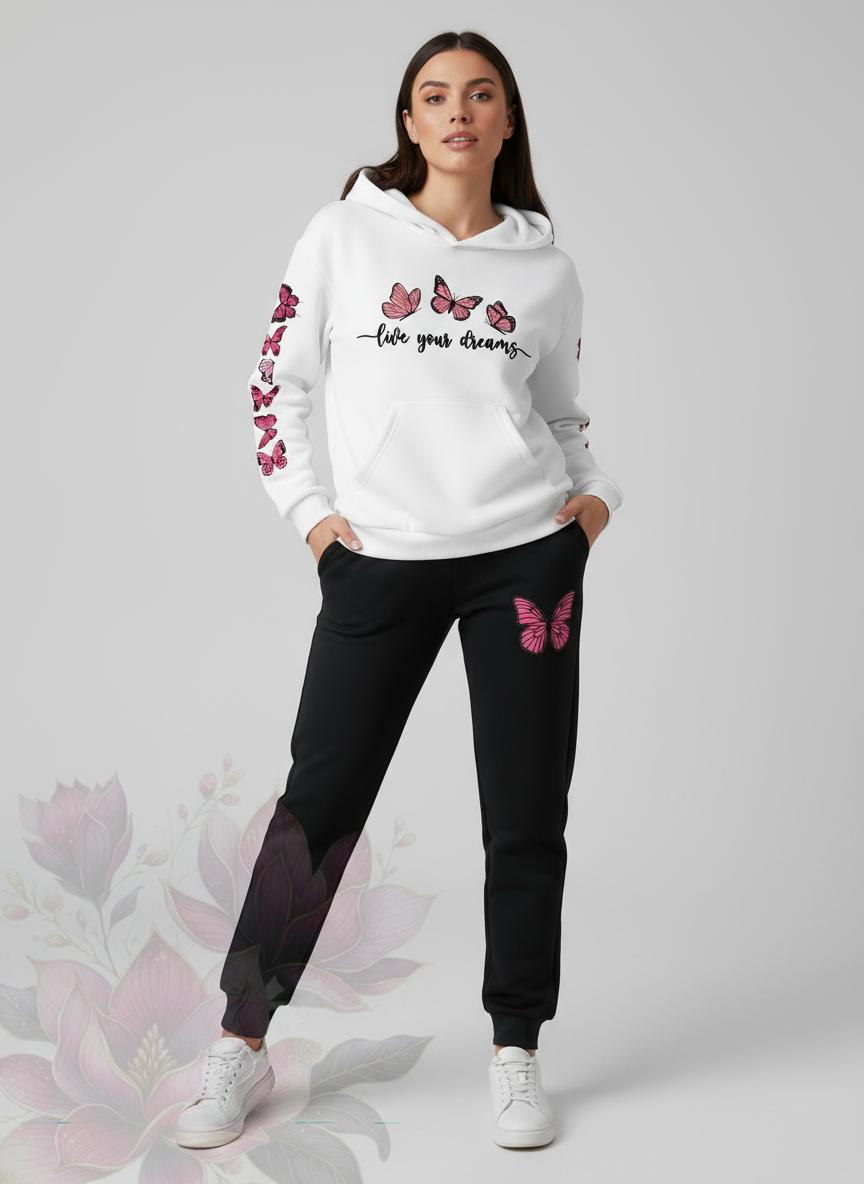 White Butterfly Live Your Dreams Printed Co-ord Set - Hoodie & Joggers