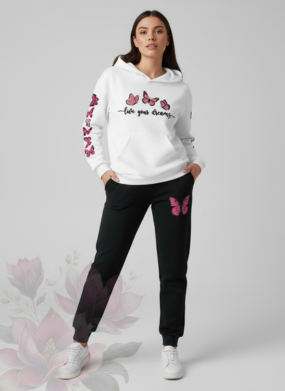 White Butterfly Live Your Dreams Printed Co-ord Set - Hoodie & Joggers