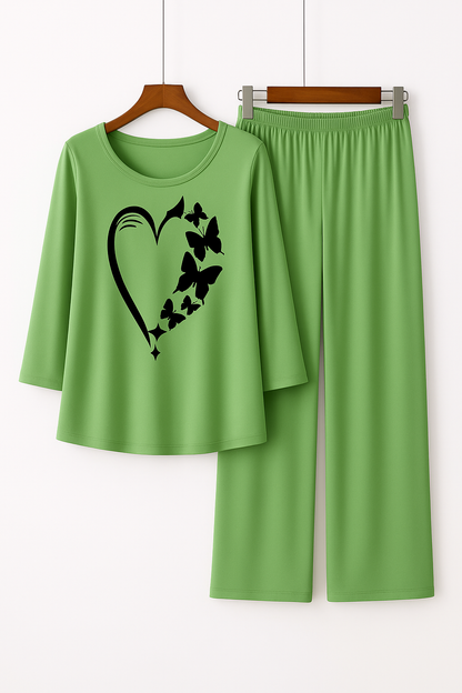 Green Heart Butterfly Printed Pajama Set
