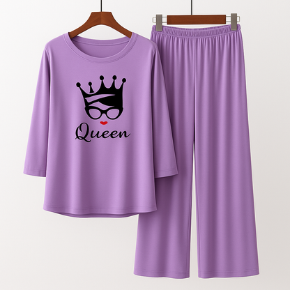 Purple Queen Crown Printed Pajama Set - Women's Sleepwear