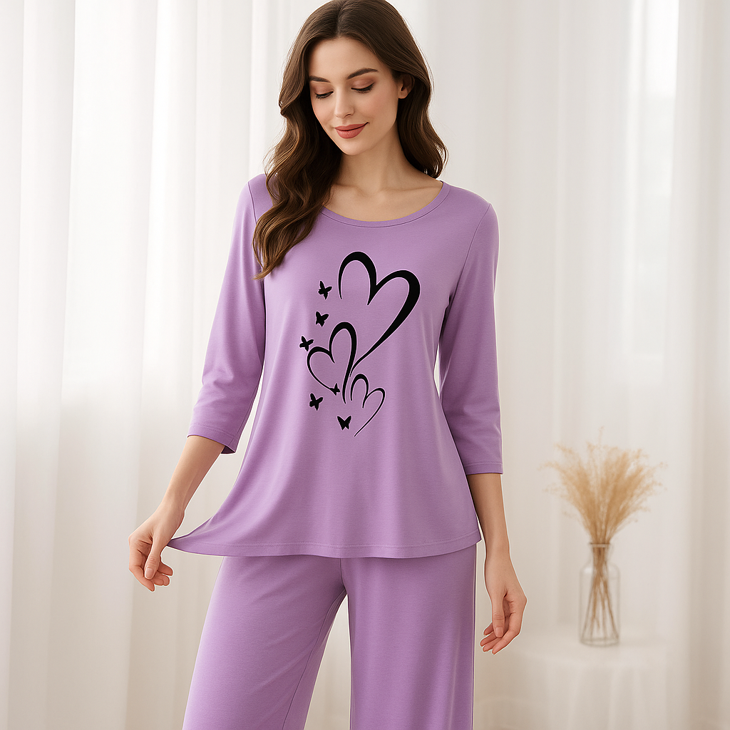 Purple Heart Butterfly Printed Pajama Set - Women's Sleepwear