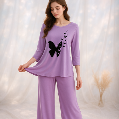 Purple Flying Butterflies Printed Pajama Set - Women's Sleepwear