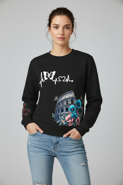 Butterfly Heartbeat Colosseum Printed Sweatshirt - Black Floral Print Crewneck