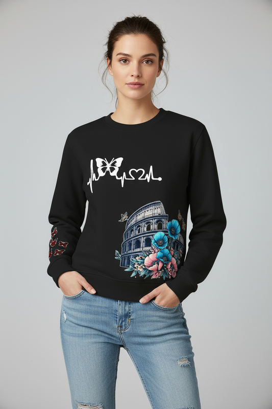 Butterfly Heartbeat Colosseum Printed Sweatshirt - Black Floral Print Crewneck
