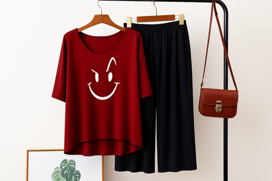 Smiley Face Printed Red V Neck T shirt with Black Palazzo Pajama Night Suit