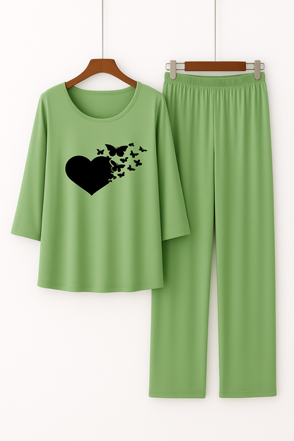 Green Heart Butterfly Printed Pajama Set - Women's Sleepwear