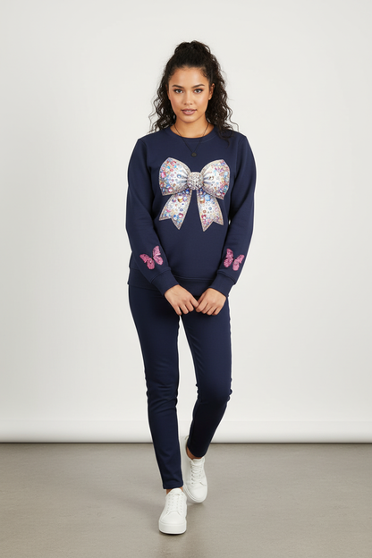 Navy Blue Jeweled Bow Printed Sweatshirt