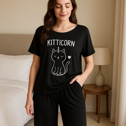Kitticorn Black Printed Pajama Set - Cute Cat Unicorn Sleepwear
