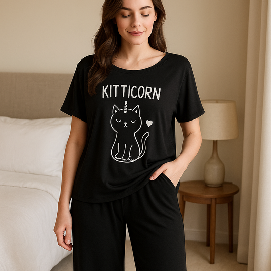 Kitticorn Black Printed Pajama Set - Cute Cat Unicorn Sleepwear
