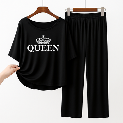 Queen Black Printed Pajama Set - Royal Crown Sleepwear