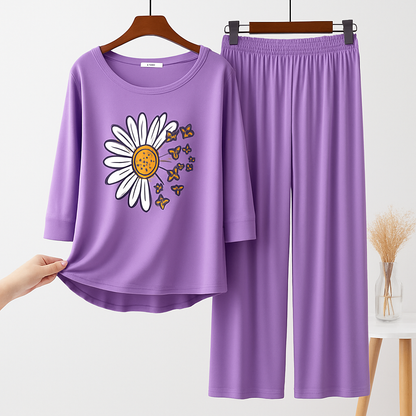 Purple Daisy Butterfly Printed  Pajama Set - Floral Sleepwear