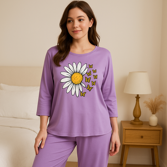 Purple Daisy Butterfly Printed  Pajama Set - Floral Sleepwear