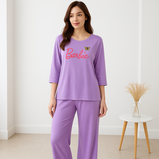 Barbie Purple Butterfly Printed Pajama Set - Women's Sleepwear