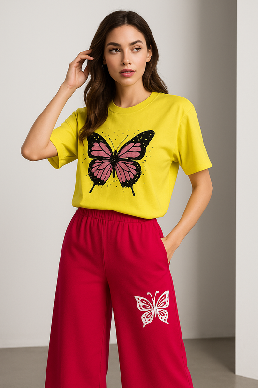 Yellow Butterfly Tee with Pink Lounge Set