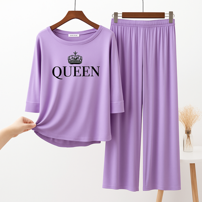 Purple Queen Crown Printed Pajama Set - Sleepwear
