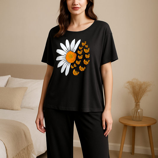 Black Daisy Butterfly Printed Pajama Set - Sleepwear