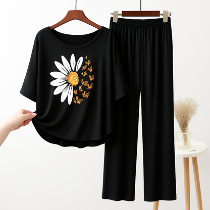Black Daisy Butterfly Printed Pajama Set - Sleepwear