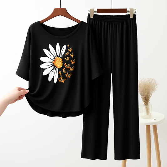 Black Daisy Butterfly Printed Pajama Set - Sleepwear