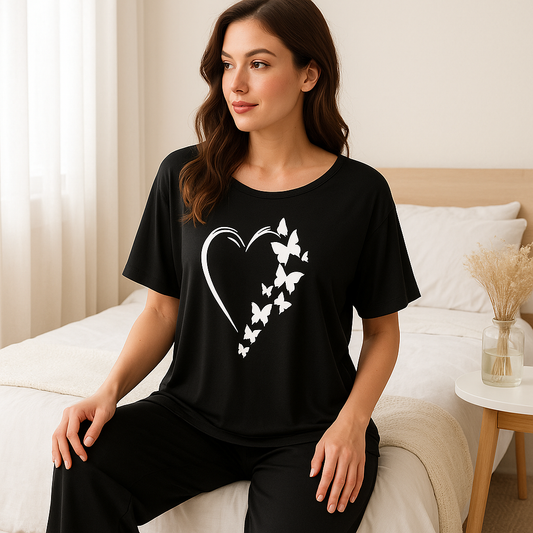 Black Heart Butterfly Printed Pajama Set - Sleepwear