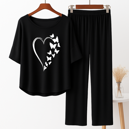 Black Heart Butterfly Printed Pajama Set - Sleepwear