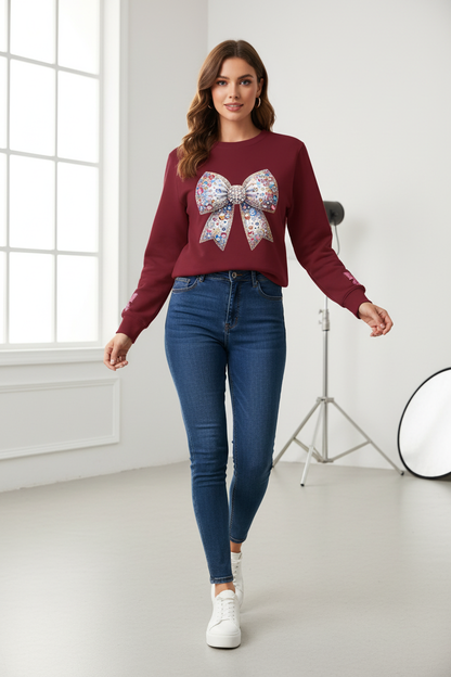 Burgundy Sequin Bow Printed Sweatshirt
