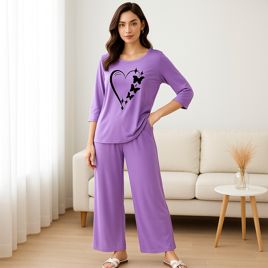 Purple Heart Butterfly Printed Pajama Set - Women's Sleepwear