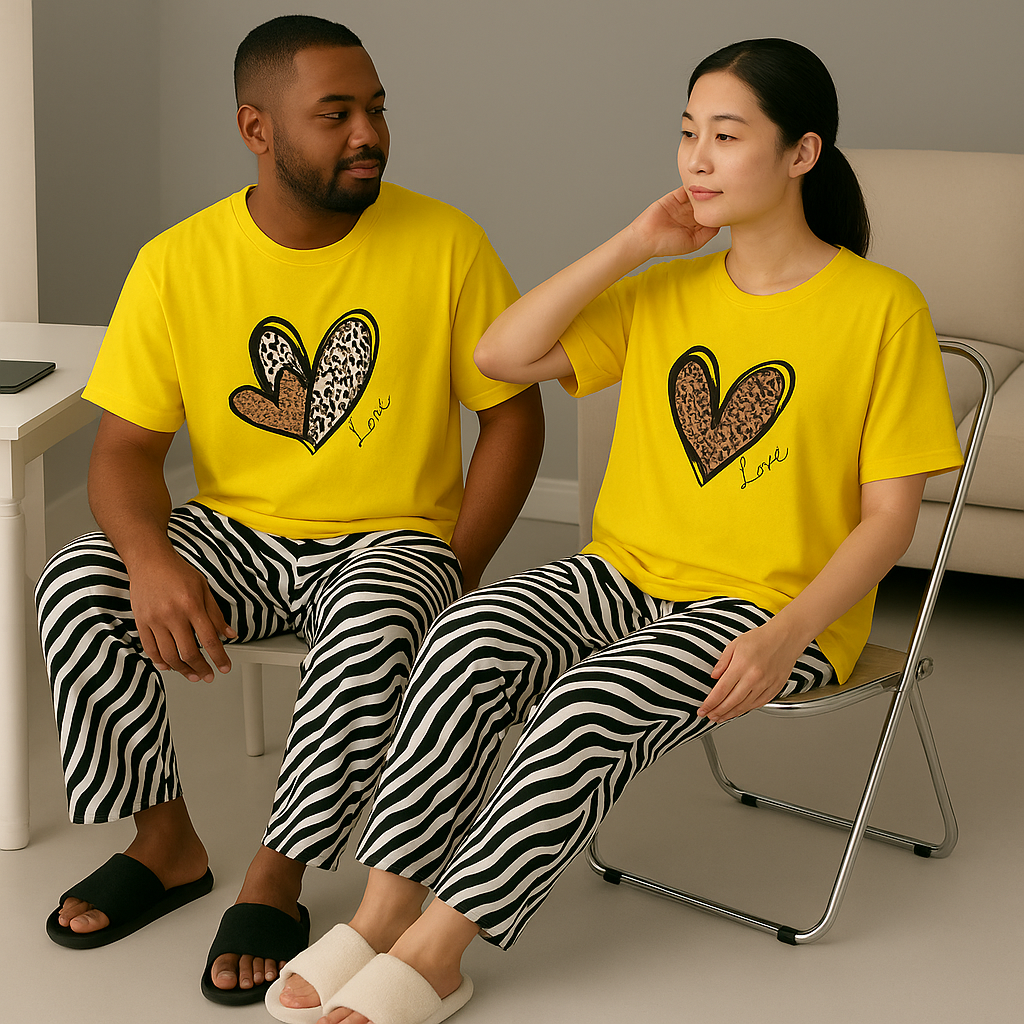 Love Hearts Matching Couple Set - Yellow Tees & Zebra Pajama lounge Set