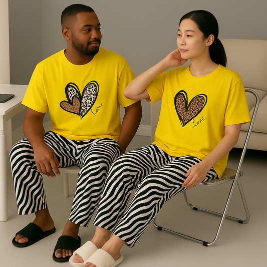 Love Hearts Matching Couple Set - Yellow Tees & Zebra Pajama lounge Set