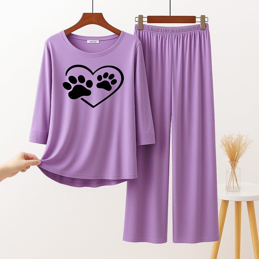 Purple Paw Print Heart Printed Pajama Set - Sleepwear