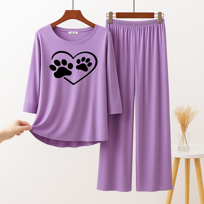 Purple Paw Print Heart Printed Pajama Set - Sleepwear